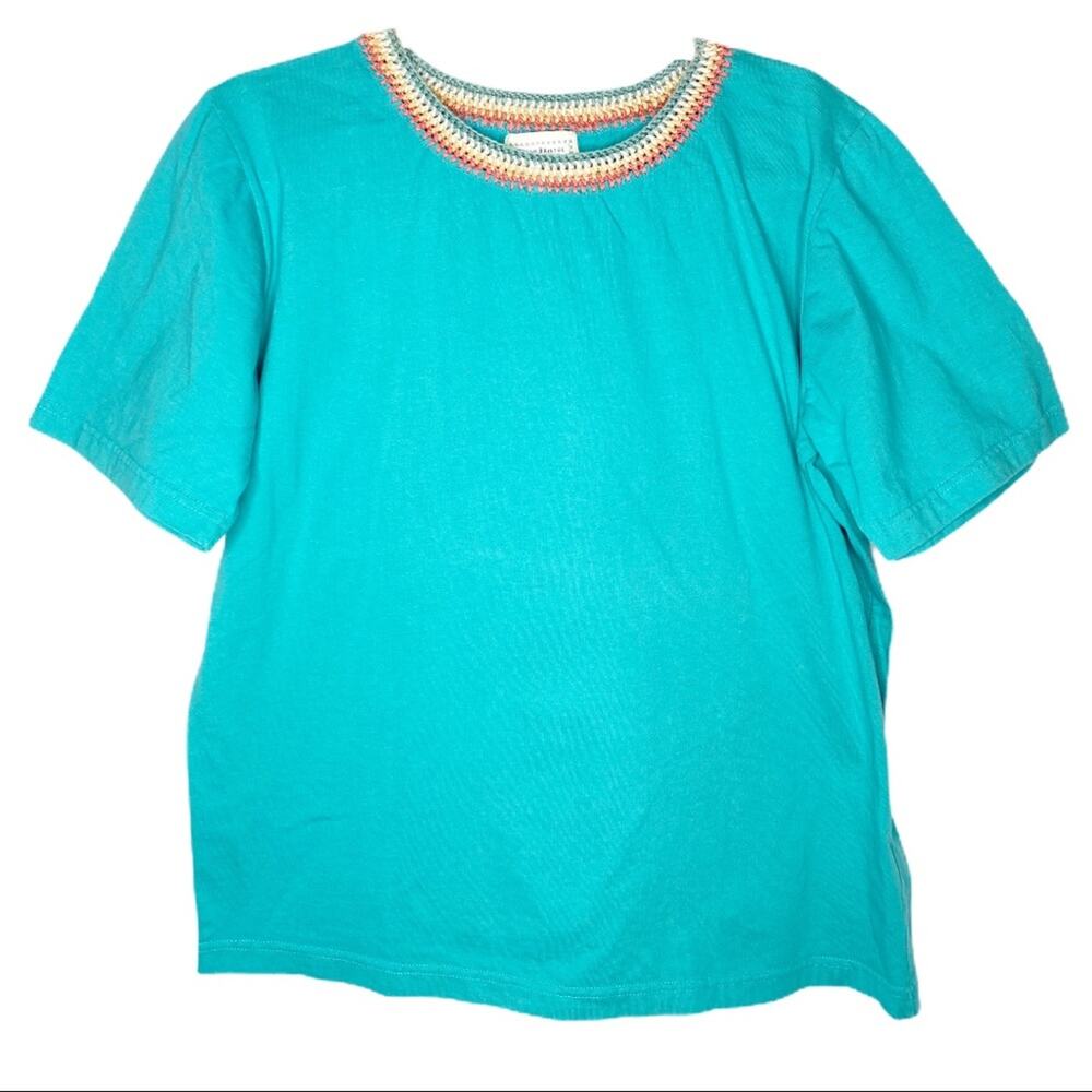 Vintage 1990 Susan Bristol Crochet Knit Neck Teal Shirt Medium